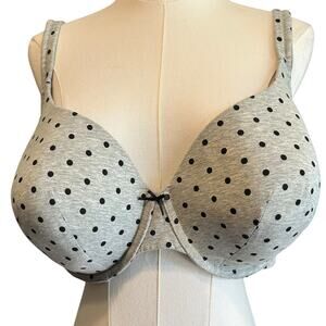 Cacique Lightly Lined T Shirt Bra Gray with Black Polka Dots 46DD Jersey Bow